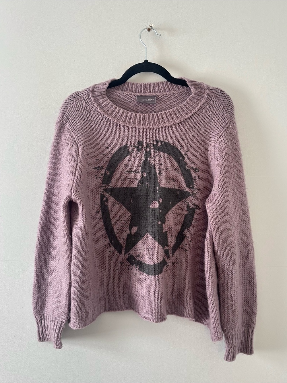 Wooden Ships Wool Star Print Fuzzy Knit Pullover Sweater Cozy Graphic Print